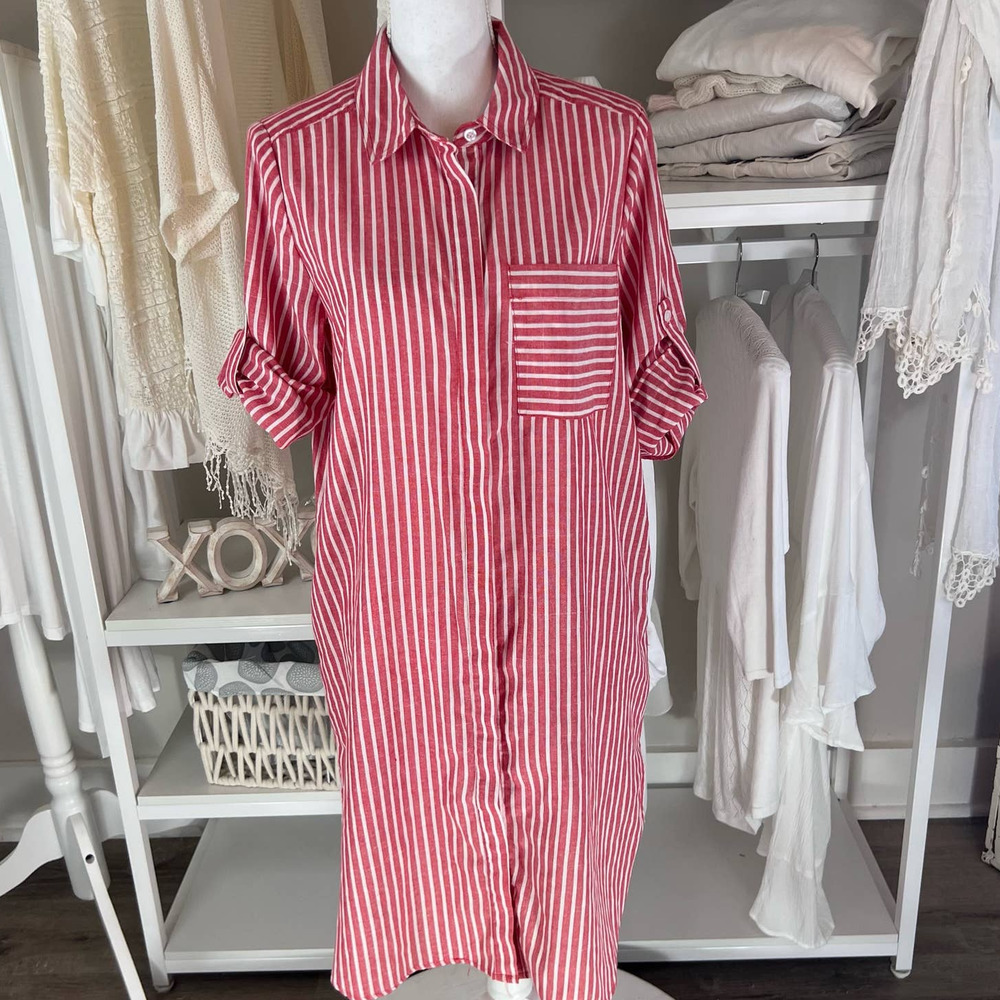 *Lemon Tree women's size small button down shirt dress salmon red. #1156